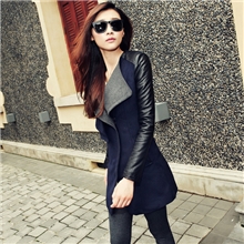 一件代发韩版秋装新款拼接撞色毛呢外套女修身中长款毛呢大衣