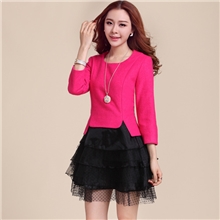 2013秋冬装韩版女装拼接修身欧根纱毛呢长袖短裙新款连衣裙