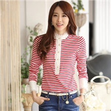 2013秋款韩版女装立领花边长袖潮流修身条纹韩版打底衫