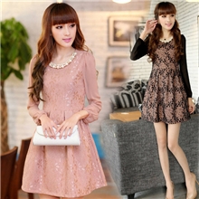 蕾丝钩花长袖修身连衣裙2013秋装珍珠领显瘦公主裙子女装8037#