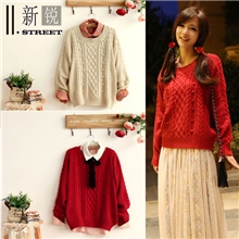 C41911street女装冬款麻花豆豆英伦学院绣花套头毛衣批发
