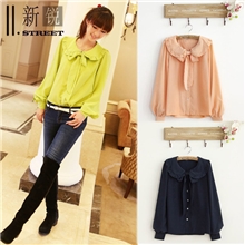 R120911street量贩型海量备货荷叶大翻领丝绵长袖甜美衬衣