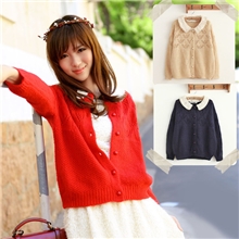 C109011street可拆蕾丝翻领镂空金线开衫女毛衣外套