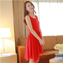 珍奈儿9216春夏季纯糖果色无袖背心不规则裙甜美雪纺连衣裙