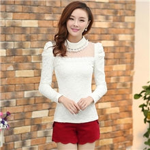 珍奈儿2076新款圆点钉珠网纱珍珠领长袖蕾丝衫打底衫