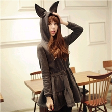 韩国玩味可爱小兔子耳朵蓬蓬连帽长袖抓绒卫衣连衣裙