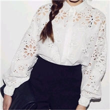 韩国复古唯美可爱萝莉镂空刺绣刻花灯笼袖衬衫女