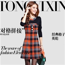 2013秋韩版修身连衣裙英伦格子连衣裙两粒扣收腰圆领长袖裙9521