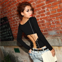 欧美夜店PUB性感摩登金属链超辛辣交叉露腰紧身T恤上衣NO:A122