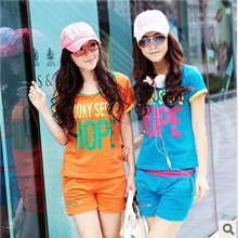 韩版女装大码糖果色字母纯棉休闲套装运动套装短袖女士运动服