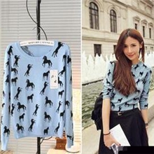 秋冬韩版女装呛口小辣椒ASOS小马图案圆领套头修身针织衫打底毛衣