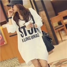 秋冬韩版女装大码宽松字母连带帽中长款休闲长袖卫衣T恤T裙打底衫