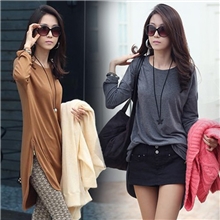 韩版女装2013秋冬长袖宽松T恤新款拉鍊不對稱剪裁长款上衣174