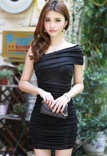 987新款褶皱双肩短袖纯色裹胸性感淑女连衣裙