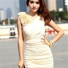 678立体花朵修身显瘦包臀V领夜店礼服褶皱性感连衣裙