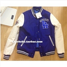 韩国原单MLB加厚棉服LA字母棒球服毛呢PU袖夹棉外套情侣款