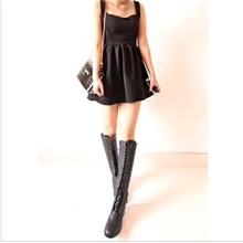 日单内搭百搭复古纹路高腰蓬蓬裙下摆无袖吊带连衣裙洋装