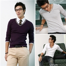 韩版时尚男装撞色V领男士打底针织衫男薄款毛线衫02096202035