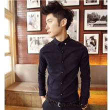 领子金属钉装饰口袋三角波点纽扣撞色修身男士长袖衬衫衬衫