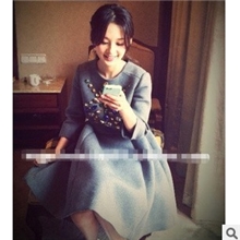 13秋冬新款韩版李沁秦海璐明星同款奢华宝石钉珠毛呢连衣裙I053