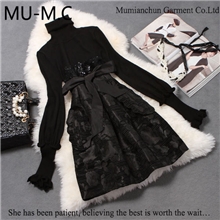 1729货源女装冬装羊毛亮片提花棉绣花收腰系大蝴蝶结连衣裙女