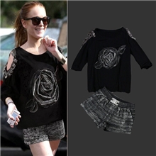 欧洲站2013秋装新款潮宽松露肩卫衣搭配牛仔短裤休闲欧美套装女