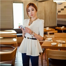 2013秋季韩版性感V领修身收腰显瘦裙摆式通勤纯色上衣|SN12-1505