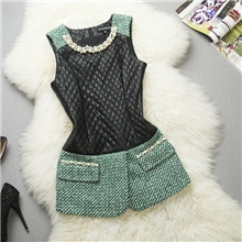 欧美女装2013秋冬新款女装订珠圆领拼皮长款外套修身连衣裙