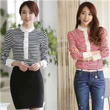 优质全棉2013秋季新款长袖秋装潮流女款修身条纹蕾丝韩版t恤