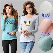 秋冬韩版加厚不倒绒T恤女潮修身显瘦女士印花长袖加绒打底衫批发