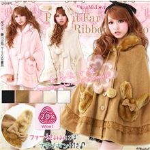 萘洛大小姐独家梦展望甜美兔耳連帽蝴蝶結羊毛斗篷外套
