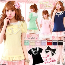 萘洛大小姐梦展望同款海军领蕾丝边蝴蝶结百搭T恤