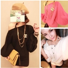 2013秋款新品甜美一字领露肩蝙蝠衫灯笼袖宽松长袖兔毛毛衣裙