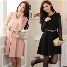 2013新款秋装韩版大码蕾丝中裙波点袖修身显瘦拼接长袖连衣裙