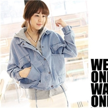 韩国休闲牛仔衬衫+马甲带帽抽绳休闲短外套2件套596