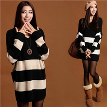 2013秋装新款女装V领加厚条纹宽松中长款蝙蝠袖大码毛衣针织衫