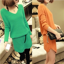 2013秋装新款韩版时尚女装v领长袖针织衫连衣裙长款打底毛衣批发
