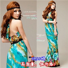 孔雀花拖地挂脖波西米亚长裙超坠沙滩裙连衣裙海边假度