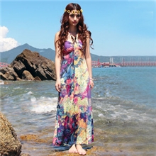 沙滩裙显瘦波西米亚女装大码连衣裙抹胸印花拖地长裙