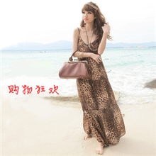 夏季波西米亚欧美性感豹纹显瘦V领雪纺连衣裙海滩度假沙滩长裙