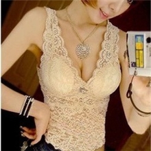 2013春款新无钢圈文胸吊带背心带胸垫性感深V领低胸镂空全蕾丝