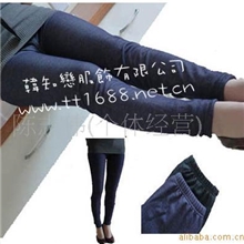 清仓处理寒冬保暖显瘦海狸绒内拉绒双层仿牛仔打底裤蓝色平口