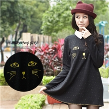 秋装新款金钱刺绣猫脸衬衫领打底针织衫批发针织连衣裙13699