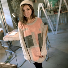 韩版冬季女装新款几何色块图样厚针织长袖上衣