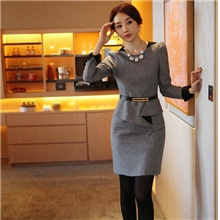 批发秋冬毛呢裙新款职业装修身背心裙长袖毛呢连衣裙大码女装