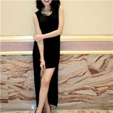 YIGELILA新款品牌气质连衣裙欧美风名媛黑色不规则礼服批发656