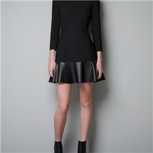 YIGELILA秋季新款欧美女装品牌货源皮革拼接黑色正品连衣裙6197