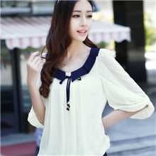 韩版雪纺衫2013夏装新款宽松大码娃娃领雪纺短袖上衣