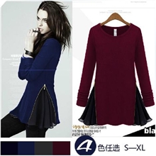 2013新款欧美明星同款圆领羊毛绒显瘦针织拉链拼接雪纺长袖连衣裙