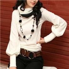 2013新款高领灯笼袖上衣双色领打底衫长袖T恤女针织打底衫长袖